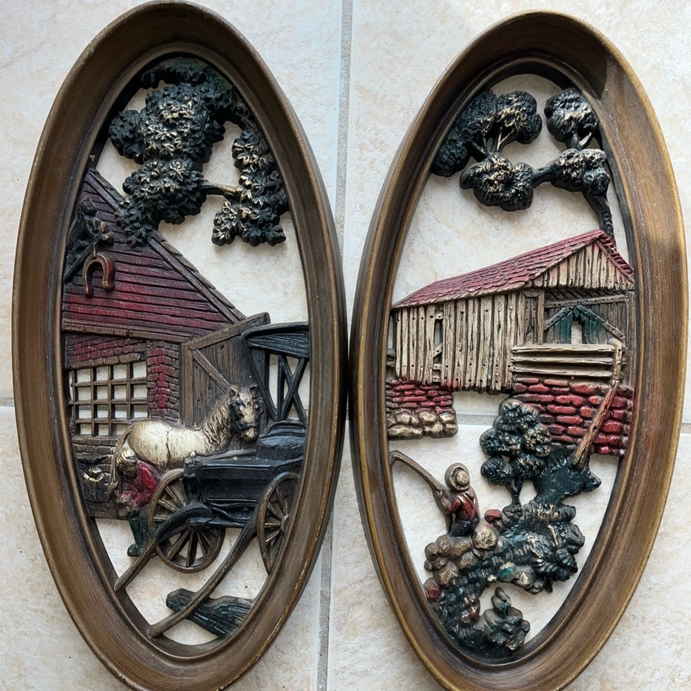 Vintage MCM 1965 Burwood Wall Plaque Set FARM RURAL SCENE 
Rustic Farmhouse